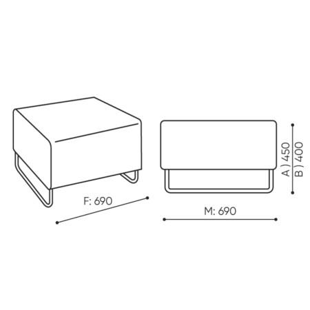 Dimensions du module droit tapissé avec dossier bas et base métallique. - Quadra