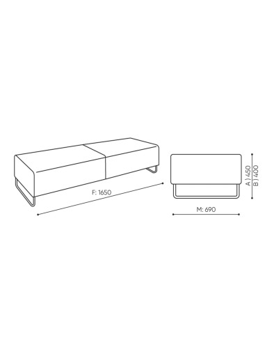 Dimensions de la banquette tapissée avec base métallique fine. - Quadra