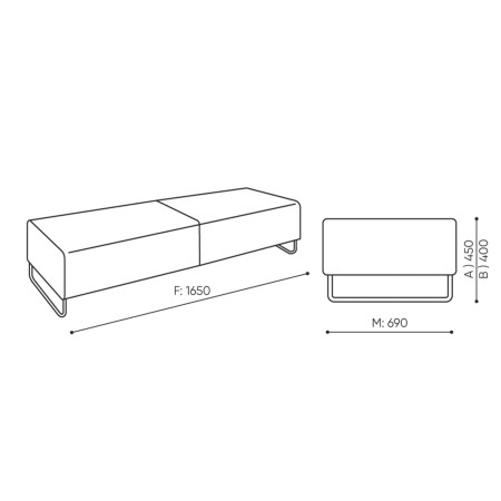 Dimensions de la banquette tapissée avec base métallique fine. - Quadra