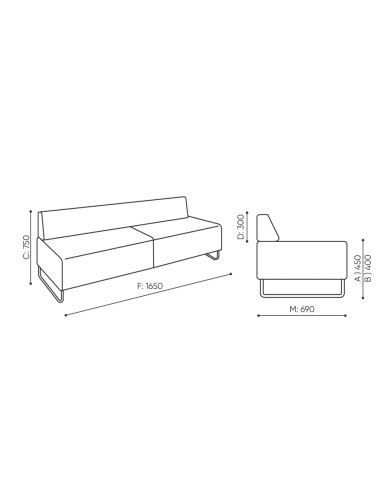 Dimensions de la banquette modulaire avec accoudoir et dossier hauts. - Quadra