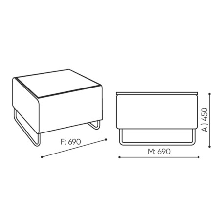 Dimensions du module d’assise rectangulaire avec dossier bas. - Quadra