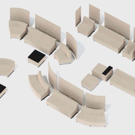 Configuration circulaire de modules beiges favorisant la convivialité. - Quadra