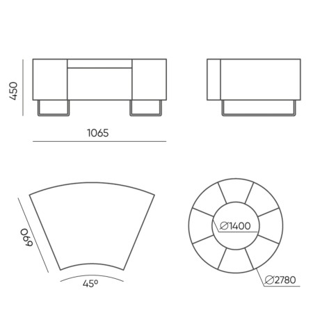 Dimensions du module incurvé avec vue de dessus circulaire. - Quadra