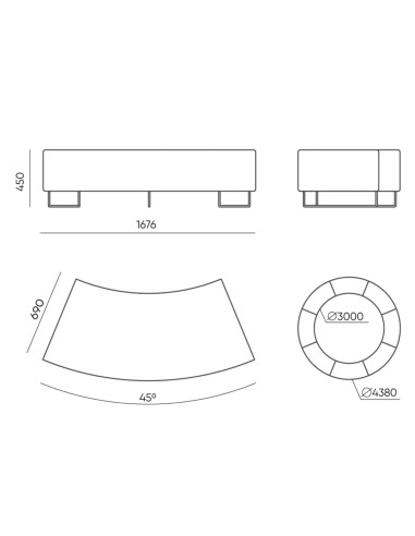 Dimensions du module incurvé pour agencement circulaire. - Quadra