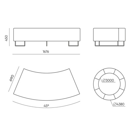 Dimensions du module incurvé pour agencement circulaire. - Quadra