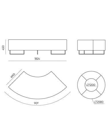Dimensions du module incurvé pour configuration en cercle. - Quadra