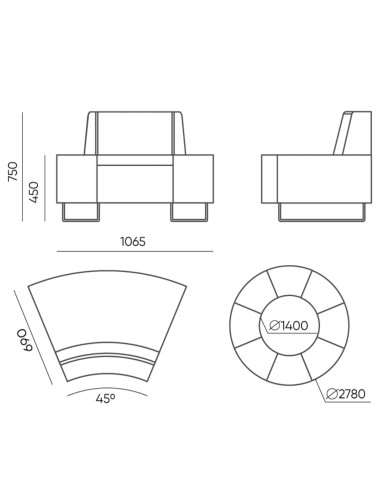 Dimensions du module incurvé pour agencement circulaire. - Quadra