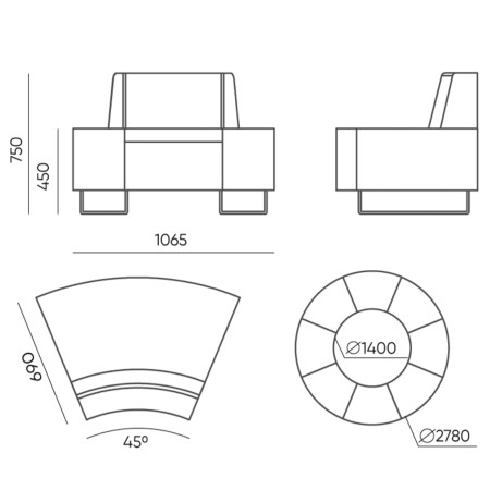 Dimensions du module incurvé pour agencement circulaire. - Quadra