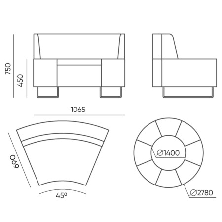 Dimensions du module incurvé et schéma d’assemblage circulaire. - Quadra