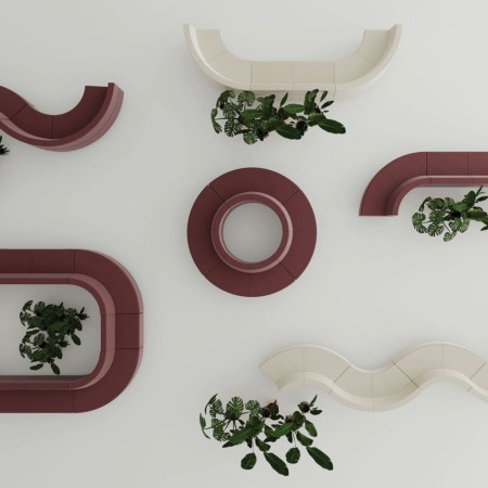 Modules bordeaux et beiges disposés en cercles décoratifs. - Quadra