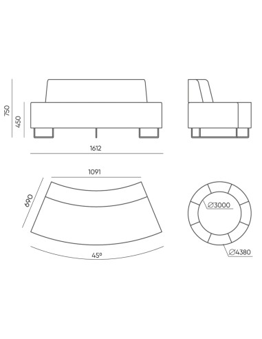 Dimensions du module incurvé et schéma d’implantation circulaire. - Quadra