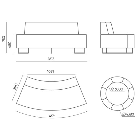 Dimensions du module incurvé et schéma d’implantation circulaire. - Quadra