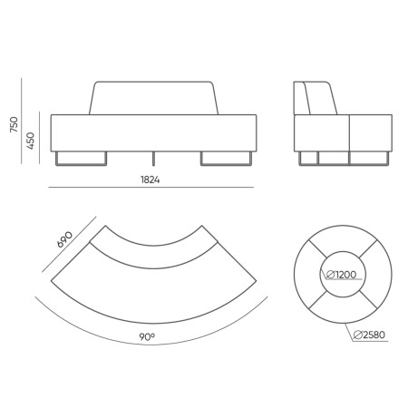 Dimensions du module circulaire et de la banquette incurvée. - Quadra