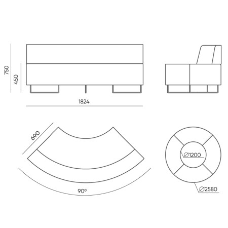 Dimensions du module incurvé et du système modulaire. - Quadra