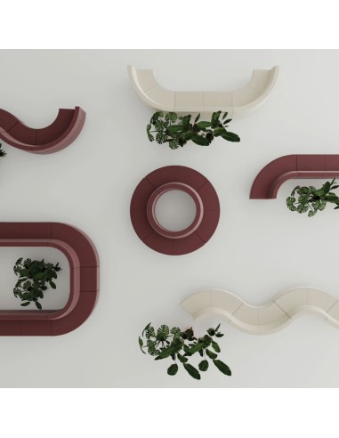 Vue aérienne de banquettes modulaires roses et beiges. - Quadra