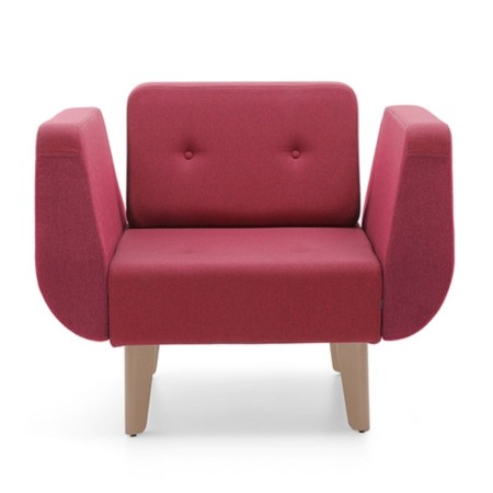 Fauteuil rouge vif avec accoudoirs arrondis et pieds en bois clair. - U Floe