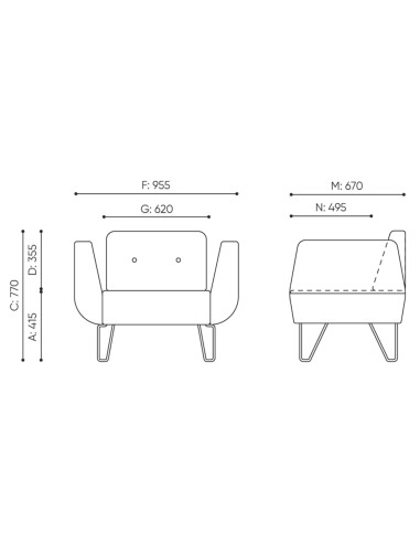 Dimensions du fauteuil illustrant sa forme compacte et ses pieds inclinés. - U Floe