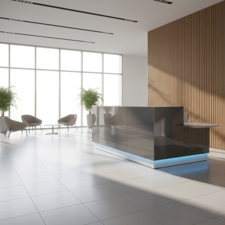 Meuble de réception gris dans espace d'accueil lumineux