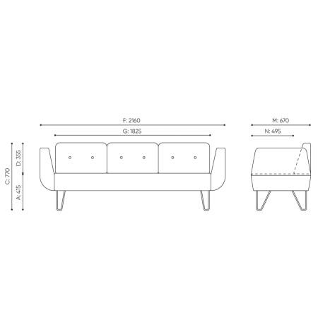 Dimensions du canapé deux places avec dossier capitonné et pieds bois. - U Floe