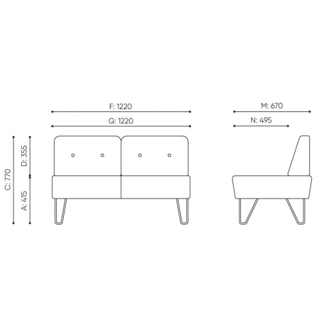 Dimensions du canapé deux places avec piètement fin. - U Floe