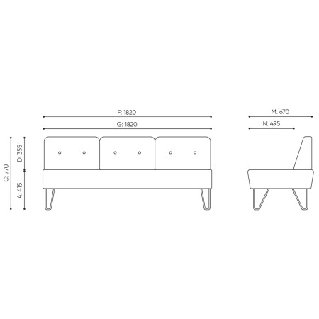 Dimensions du canapé trois places avec pieds fins. - U Floe