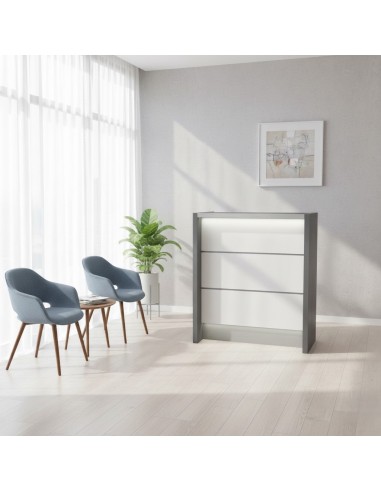 Petit espace de réception avec banque d'accueil blanche et structure aluminium