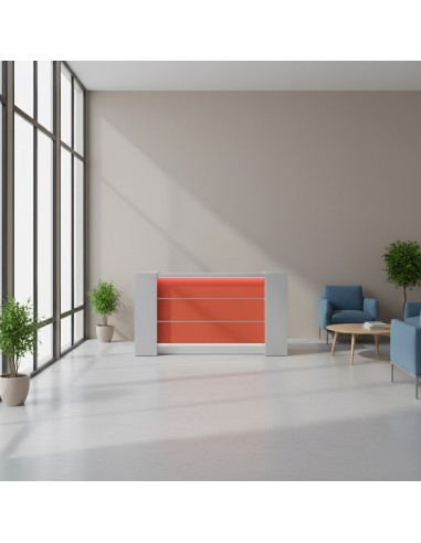 Meuble de réception façade rouge mat dans espace d'accueil, fauteuils bleus et table basse