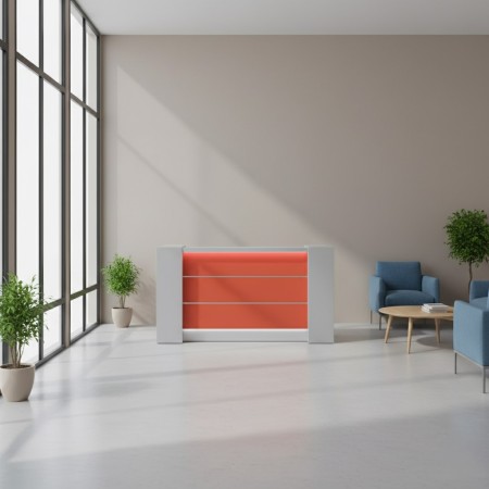 Meuble de réception façade rouge mat dans espace d'accueil, fauteuils bleus et table basse