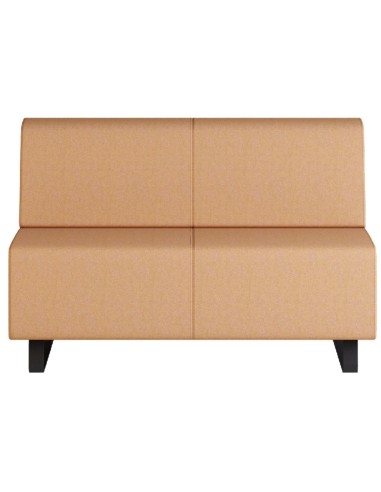 Banquette double en cuir brun avec pieds bois foncé. - Voo Voo