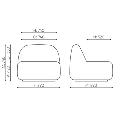 Dimensions du fauteuil Jelly avec vues de face et de profil. - Jelly
