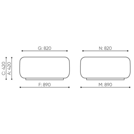 Dimensions du pouf Jelly avec vues de face et de dessus. - Jelly