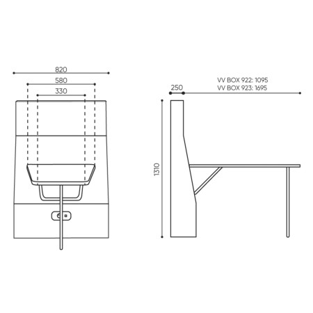 Dimensions du Voo Voo Box, vue de côté et détails des hauteurs. - Voo Voo Box