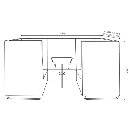 Dimensions du Voo Voo Box, vue de dessus avec disposition des assises et table centrale. - Voo Voo Box