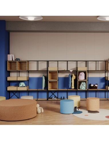 Poufs Rondo bleus et beiges dans une salle de lecture moderne. - Rondo