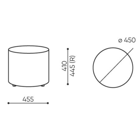 Dimensions du pouf Rondo, vues de face et de dessus. - Rondo