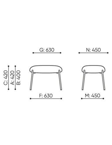 Dimensions du pouf Vieni, vues de face et de dessus. - Vieni