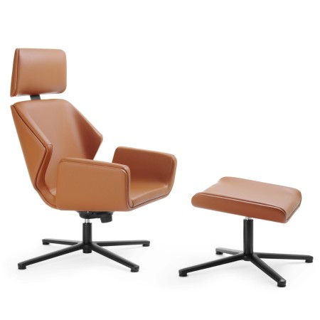 Fauteuil et pouf Booi en cuir brun, design ergonomique contemporain. - Booi