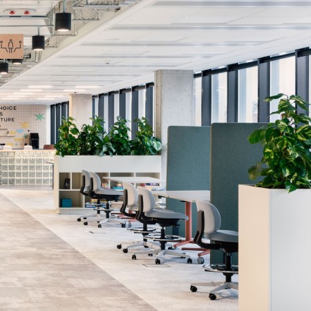 Aménagement open space avec plusieurs tabourets Lift LF 10R autour de bureaux réglables en hauteur