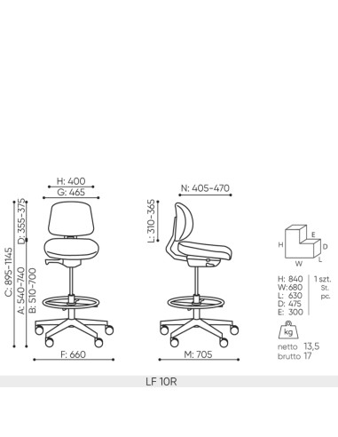Dimensions techniques du siège Lift LF 10R sans accoudoirs