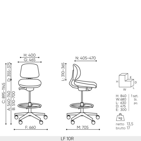 Dimensions techniques du siège Lift LF 10R sans accoudoirs
