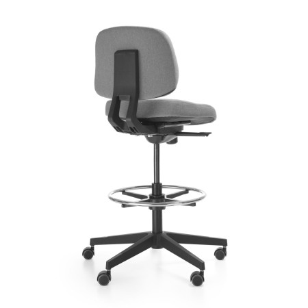 Vue arrière du tabouret Lift LF 10R gris sans accoudoirs, structure ergonomique et repose-pieds en métal