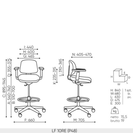 Dimensions chaise Lift 10RE sans accoudoirs – schéma technique