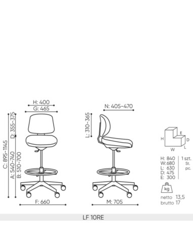 Schéma de la version Lift 10RE P48 avec accoudoirs – dimensions complètes