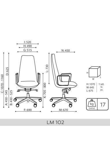 Dimensions du fauteuil de réunion Lumi 102 avec accoudoirs