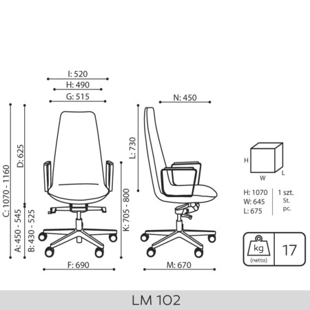 Dimensions du fauteuil de réunion Lumi 102 avec accoudoirs