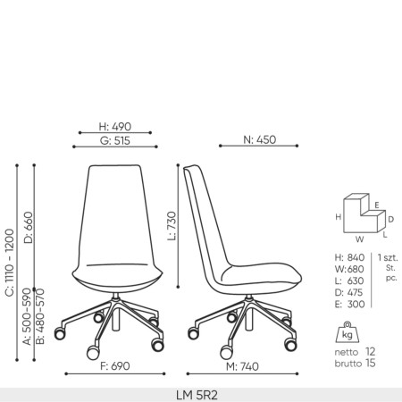Dimensions chaise de bureau LUMI 5R2 sans accoudoirs