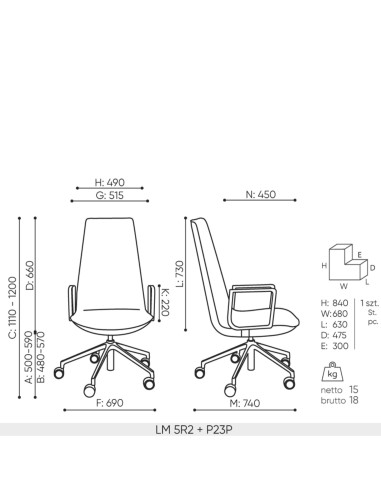 Dimensions de la chaise de bureau LUMI 5R2 avec accoudoirs