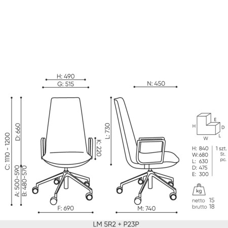 Dimensions de la chaise de bureau LUMI 5R2 avec accoudoirs