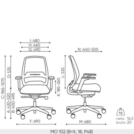 Schéma technique du fauteuil Momo MO 102 avec dimensions détaillées et vue de face et de profil