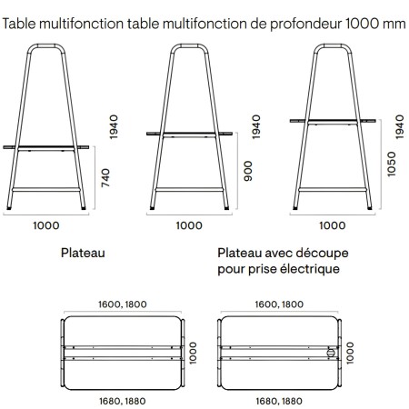 Table multifonction table multifonction de profondeur 1000 mm - dimensions